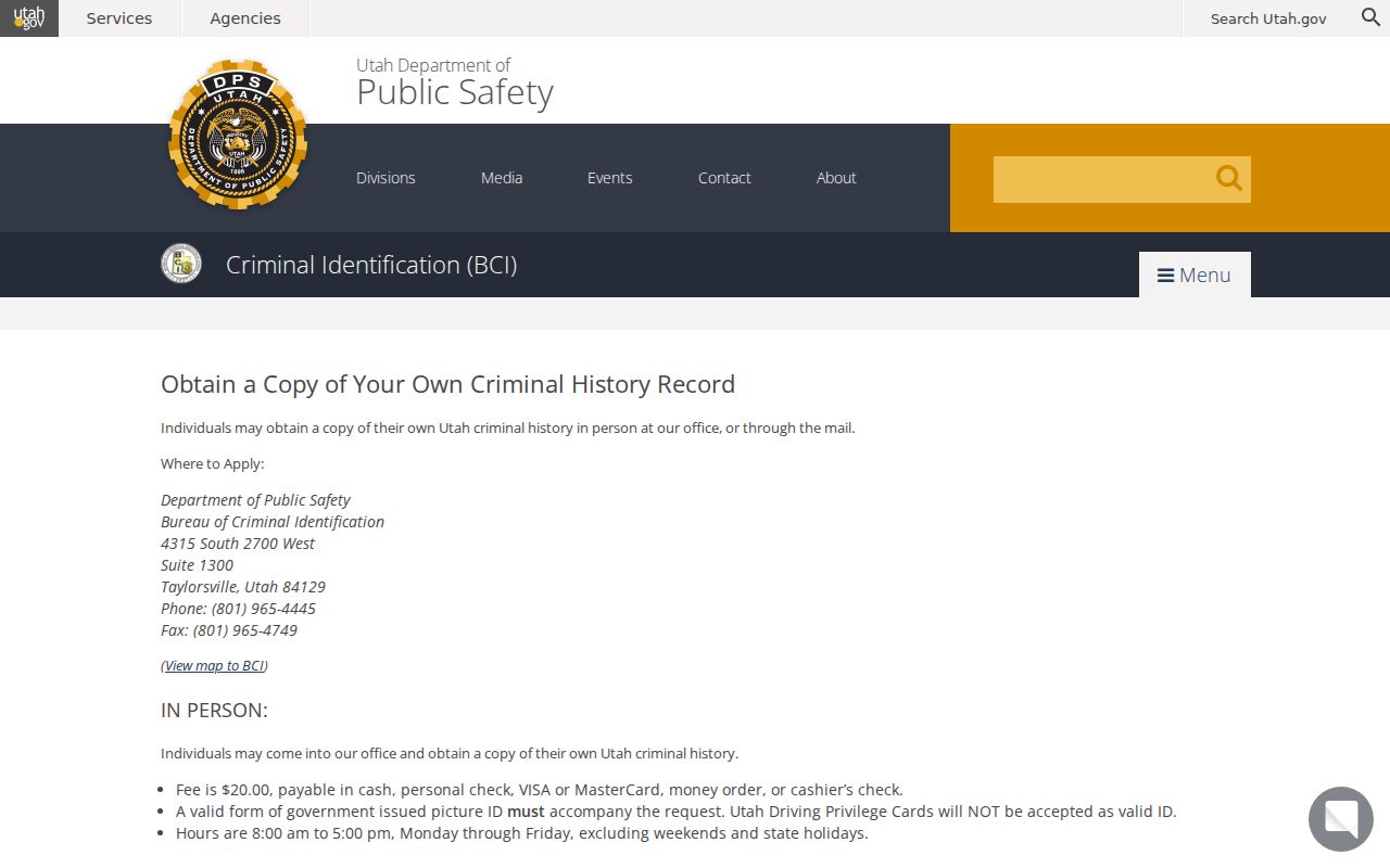 Emery County criminal history Utah BCI instructions